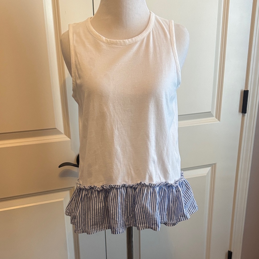 J. Crew White Tank Top with Blue Striped Ruffle sz XS